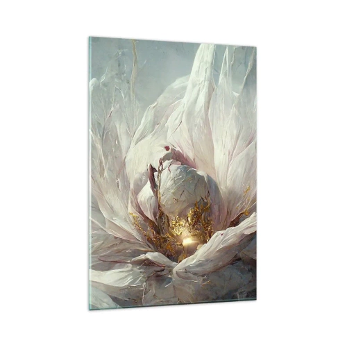 Quadro su vetro - Un delicato fiore bianco con sottili accenti dorati - 80x120cm - Fiorisce ogni cento anni - Decorazione murale moderna per soggiorno e camera da letto ARTTOR