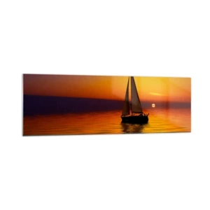 Quadro su vetro - Una barca a vela su un mare calmo al tramonto - 160x50cm - Che silenzio al tramonto... - Decorazione murale moderna per soggiorno e camera da letto ARTTOR