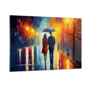 Quadro su vetro - Una coppia sotto un ombrello in una strada colorata di notte sotto la pioggia. - 120x80cm - Insieme la notte è colorata - Decorazione murale moderna per soggiorno e camera da letto ARTTOR