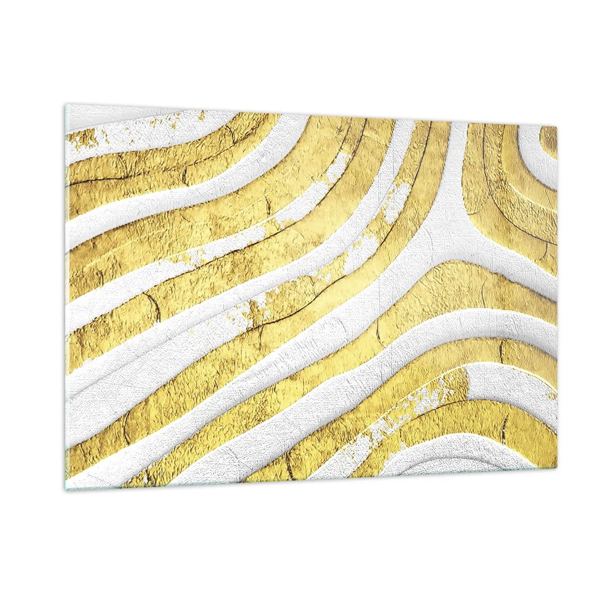 Quadro su vetro - Onde astratte dorate e bianche con effetto materico - 120x80cm - Composizione in bianco e oro - Decorazione murale moderna per soggiorno e camera da letto ARTTOR