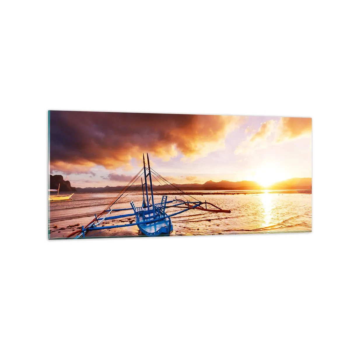 Quadro su vetro - Barca blu sulla spiaggia al tramonto - 120x50cm - Riposo sulla sabbia dopo l'intera giornata - Decorazione murale moderna per soggiorno e camera da letto ARTTOR