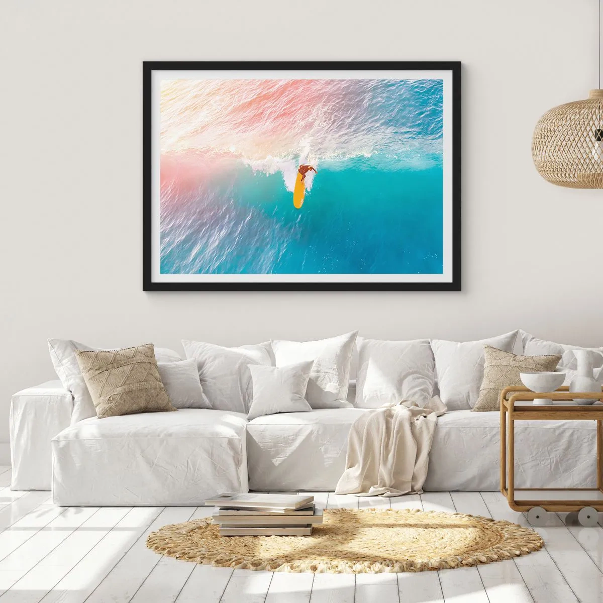 Poster in cornice nera - Surfista su un'onda in colori pastello - 70x50cm - Il cavaliere dell'oceano - Decorazione murale moderna per soggiorno e camera da letto ARTTOR