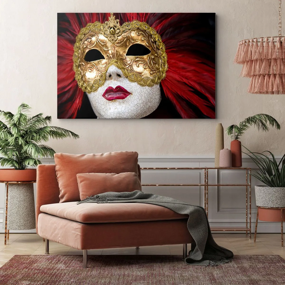 Quadro su tela - Stampe su Tela - Maschera veneziana dorata con piume rosse - 120x80cm - La promessa di un'avventura di carnevale - Decorazione murale moderna per soggiorno e camera da letto ARTTOR
