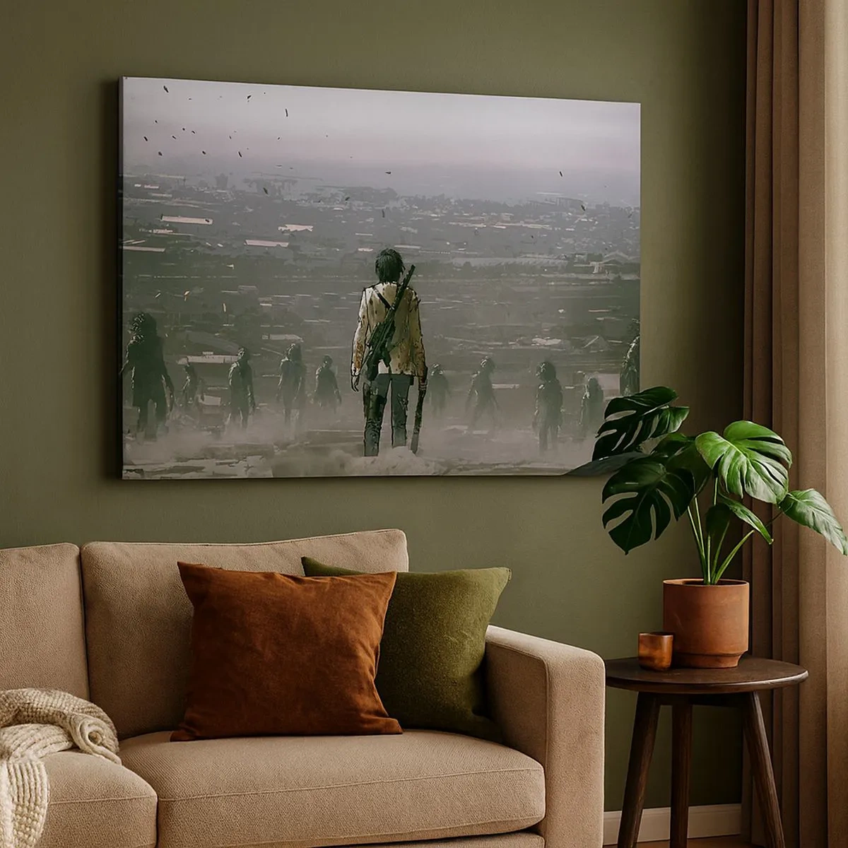 Quadro su tela - Stampe su Tela - Una figura con una pistola è in piedi di fronte a un gruppo in un paesaggio distopico. - 70x50cm - L'ultimo dei giusti? - Decorazione murale moderna per soggiorno e camera da letto ARTTOR
