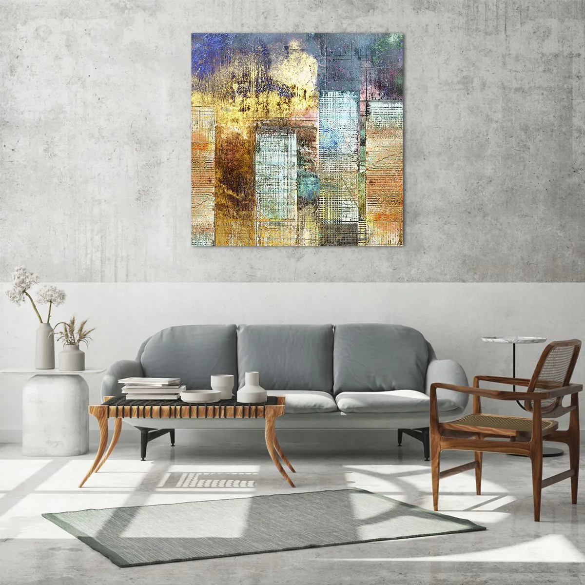 Quadro su vetro - Metropoli nel sole - 70x70 cm