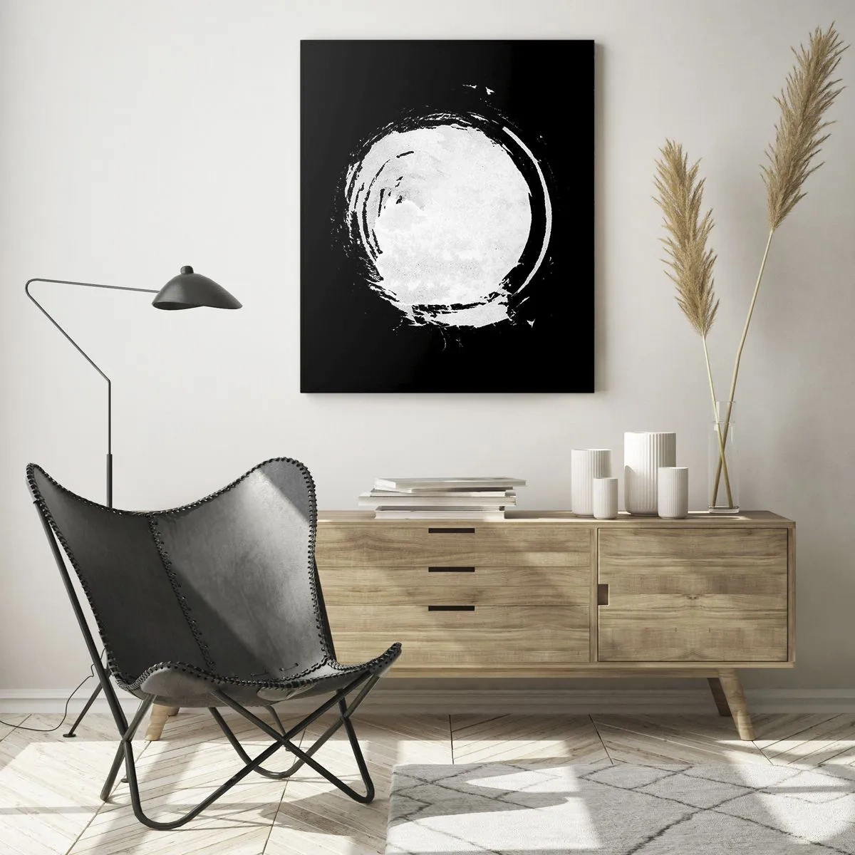Quadro su vetro - Un cerchio bianco su sfondo nero in stile minimalista. - 80x120cm - Una buona soluzione - Decorazione murale moderna per soggiorno e camera da letto ARTTOR