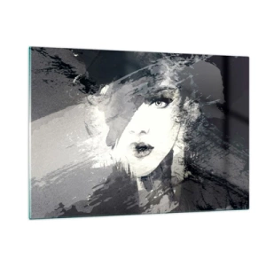 Quadro su vetro - Il volto di una donna è parzialmente coperto da macchie grigie astratte. - 120x80cm - Dietro un velo grigio - Decorazione murale moderna per soggiorno e camera da letto ARTTOR