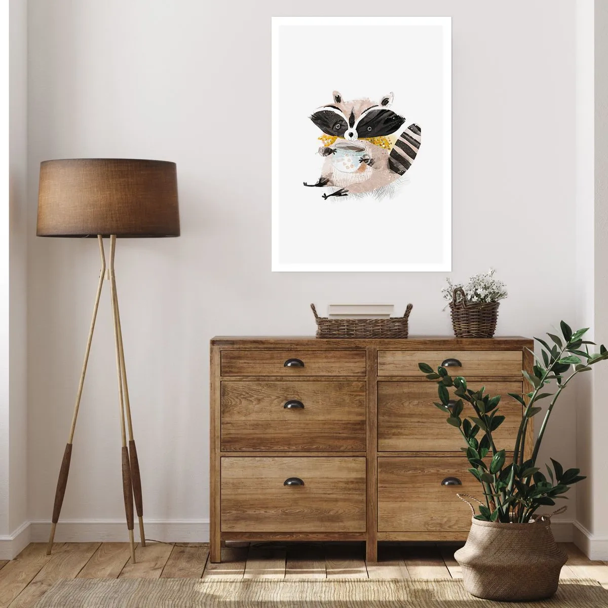 Poster - Disegno di un procione che indossa una sciarpa e tiene in mano una tazza di tè. - 50x70cm - Il mio amico procione - Decorazione murale moderna per soggiorno e camera da letto ARTTOR
