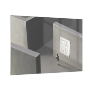 Quadro su vetro - Bambino in un labirinto con un simbolo di indovinello - 100x70cm - Ma dove mi trovo? - Decorazione murale moderna per soggiorno e camera da letto ARTTOR