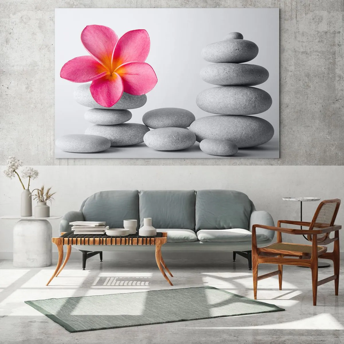 Quadro su vetro - Un fiore rosa contro un mucchio di pietre bianche - 70x50cm - Pietra su pietra, e su questa pietra... - Decorazione murale moderna per soggiorno e camera da letto ARTTOR