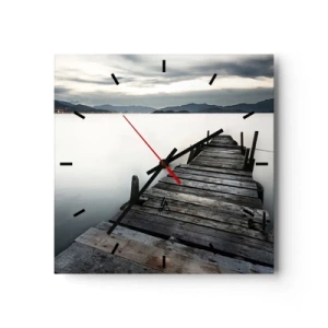 Orologio da parete - Orologio in Vetro - Un ponte di legno che conduce verso un lago tranquillo - 30x30cm - Immergersi nella tranquillità - Decorazione murale moderna per soggiorno e camera da letto ARTTOR