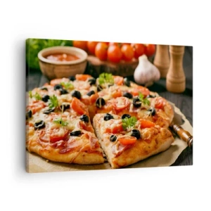 Quadro su tela - Stampe su Tela - Pizza con pomodori, olive ed erbe fresche sul tavolo - 70x50cm - Te la sei nuovamente cavata - Decorazione murale moderna per soggiorno e camera da letto ARTTOR