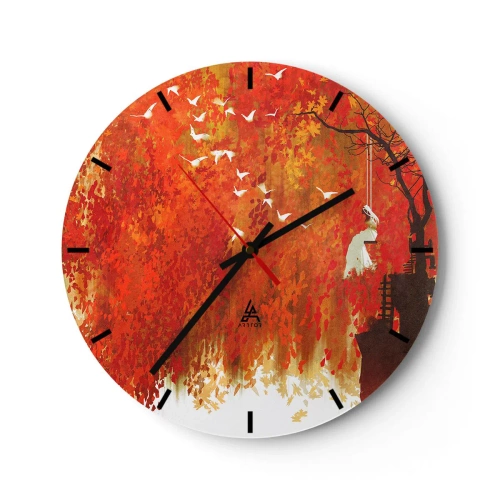 Orologio da parete - Orologio in Vetro - Scena autunnale con un'altalena circondata da foglie dorate e uccelli - 30x30cm - Voli con noi? - Decorazione murale moderna per soggiorno, cucina e camera da letto ARTTOR