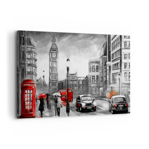 Quadro su tela - Stampe su Tela - Una scena di Londra in bianco e nero con accenti rossi - 120x80cm - Una città per niente grigia - Decorazione murale moderna per soggiorno e camera da letto ARTTOR