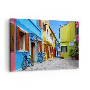 Quadro su tela - Stampe su Tela - Una strada colorata con biciclette tra edifici pastello - 120x80cm - Un dolce angolo color pastello - Decorazione murale moderna per soggiorno e camera da letto ARTTOR