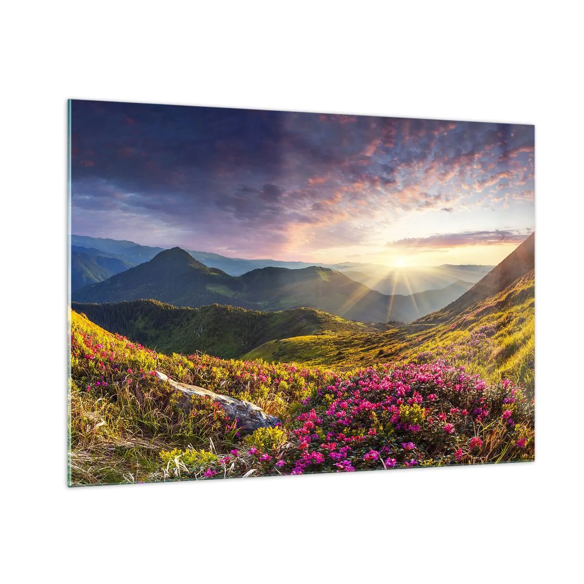 Quadro su vetro - Paesaggio montano all'alba con fiori in fiore - 100x70cm - La freschezza di un mattino sui monti - Decorazione murale moderna per soggiorno e camera da letto ARTTOR