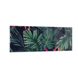 Quadro su vetro - Foglie e fiori tropicali su sfondo scuro - 140x50cm - Fiammante nel verde - Decorazione murale moderna per soggiorno e camera da letto ARTTOR