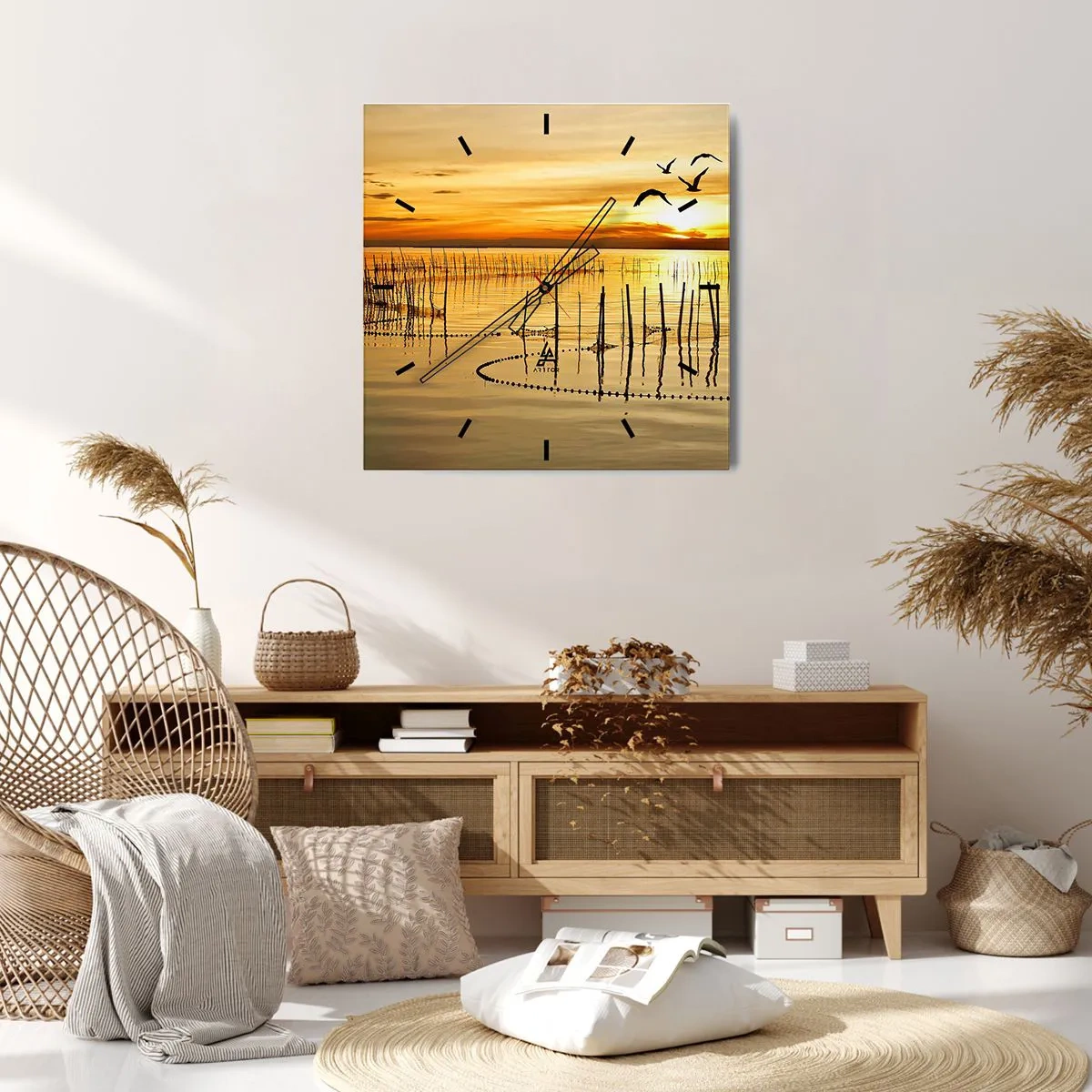Orologio da parete - Orologio in Vetro - Tramonto sull'acqua con uccelli in volo - 30x30cm - Alla pesca - Decorazione murale moderna per soggiorno e camera da letto ARTTOR