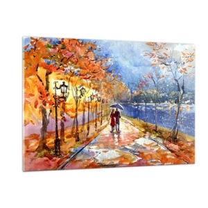 Quadro su vetro - Una passeggiata autunnale lungo il viale con foglie colorate e lanterne - 120x80cm - Insieme fino ai confini del tempo - Decorazione murale moderna per soggiorno e camera da letto ARTTOR