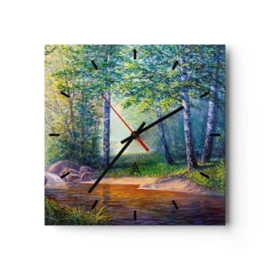 Orologio da parete - Orologio in Vetro - Un ruscello nella foresta circondato da betulle e sole - 30x30cm - Scena di beatitudine - Decorazione murale moderna per soggiorno e camera da letto ARTTOR