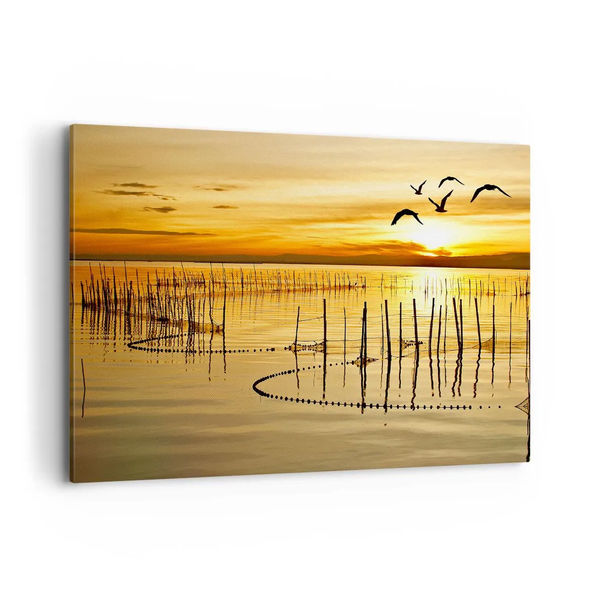 Quadro su tela - Stampe su Tela - Tramonto sull'acqua con uccelli in volo - 120x80cm - Alla pesca - Decorazione murale moderna per soggiorno e camera da letto ARTTOR