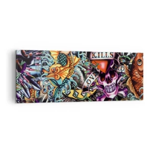 Quadro su tela - Stampe su Tela - Colorata opera d'arte in stile tatuaggio con teschi e motivi nautici - 140x50cm - Il sogno del tatuatore - Decorazione murale moderna per soggiorno e camera da letto ARTTOR