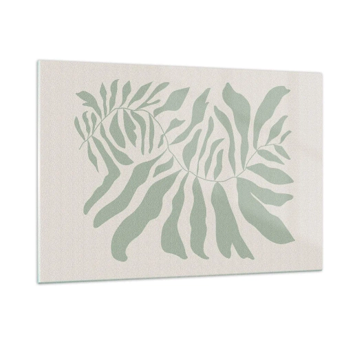 Quadro su vetro - Un ramo di smeraldo con forme organiche su uno sfondo chiaro - 120x80cm - Ramo smeraldo - Decorazione murale moderna per soggiorno e camera da letto ARTTOR