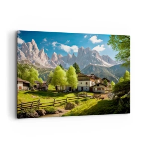 Quadro su tela - Stampe su Tela - Un villaggio di montagna con case e vista sulle Alpi - 100x70cm - Idillio alpino - Decorazione murale moderna per soggiorno e camera da letto ARTTOR
