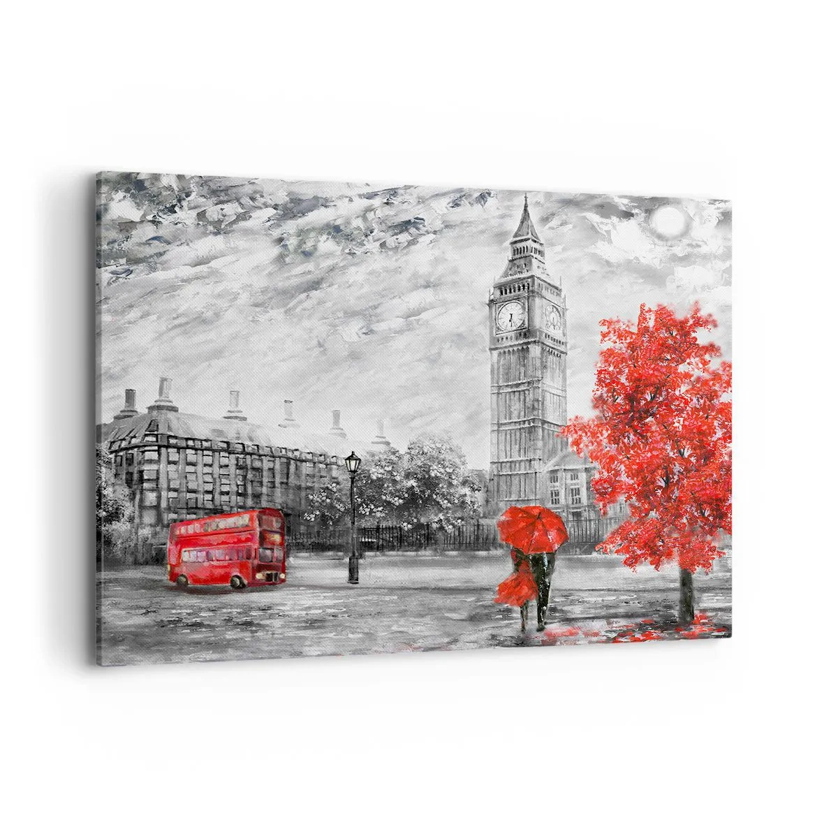 Quadro su tela - Stampe su Tela - Vista iconica di Londra con il Big Ben, un autobus rosso e un ombrello - 120x80cm - Un giorno eccitante - Decorazione murale moderna per soggiorno e camera da letto ARTTOR