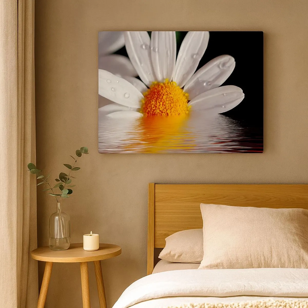 Quadro su tela - Stampe su Tela - Una margherita bianca con gocce d'acqua immerse in un riflesso d'acqua - 70x50cm - L'alba della margherita - Decorazione murale moderna per soggiorno e camera da letto ARTTOR
