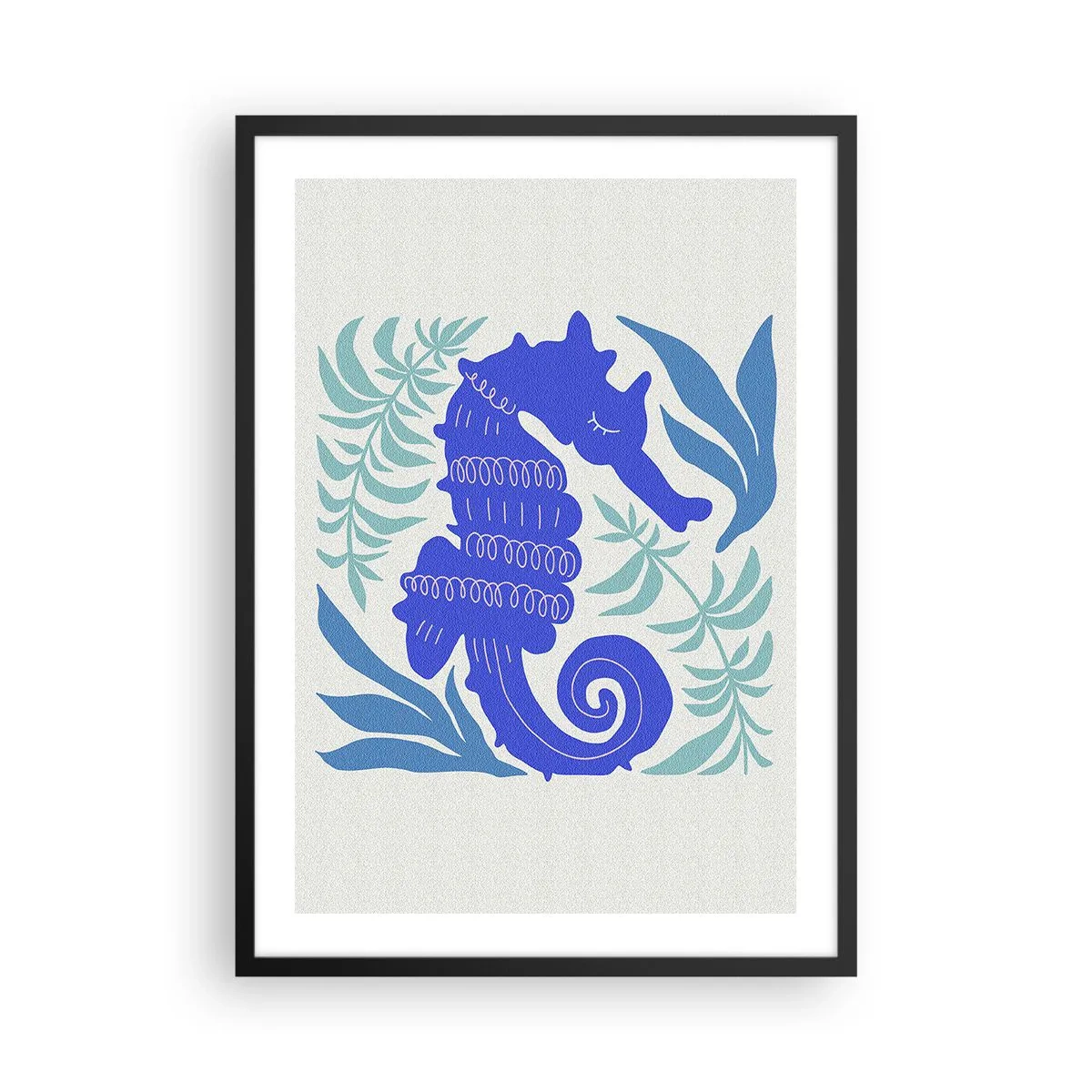 Poster in cornice nera - Un cavalluccio marino stilizzato circondato dalla vegetazione. - 50x70cm - Sul prato marino - Decorazione murale moderna per soggiorno e camera da letto ARTTOR