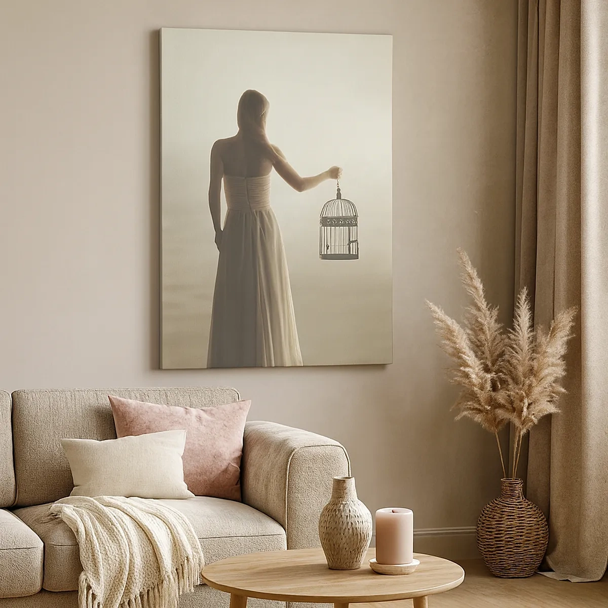 Quadro su tela - Stampe su Tela - Una donna con una gabbia contro un cielo calmo - 50x70cm - Sii libera - Decorazione murale moderna per soggiorno e camera da letto ARTTOR