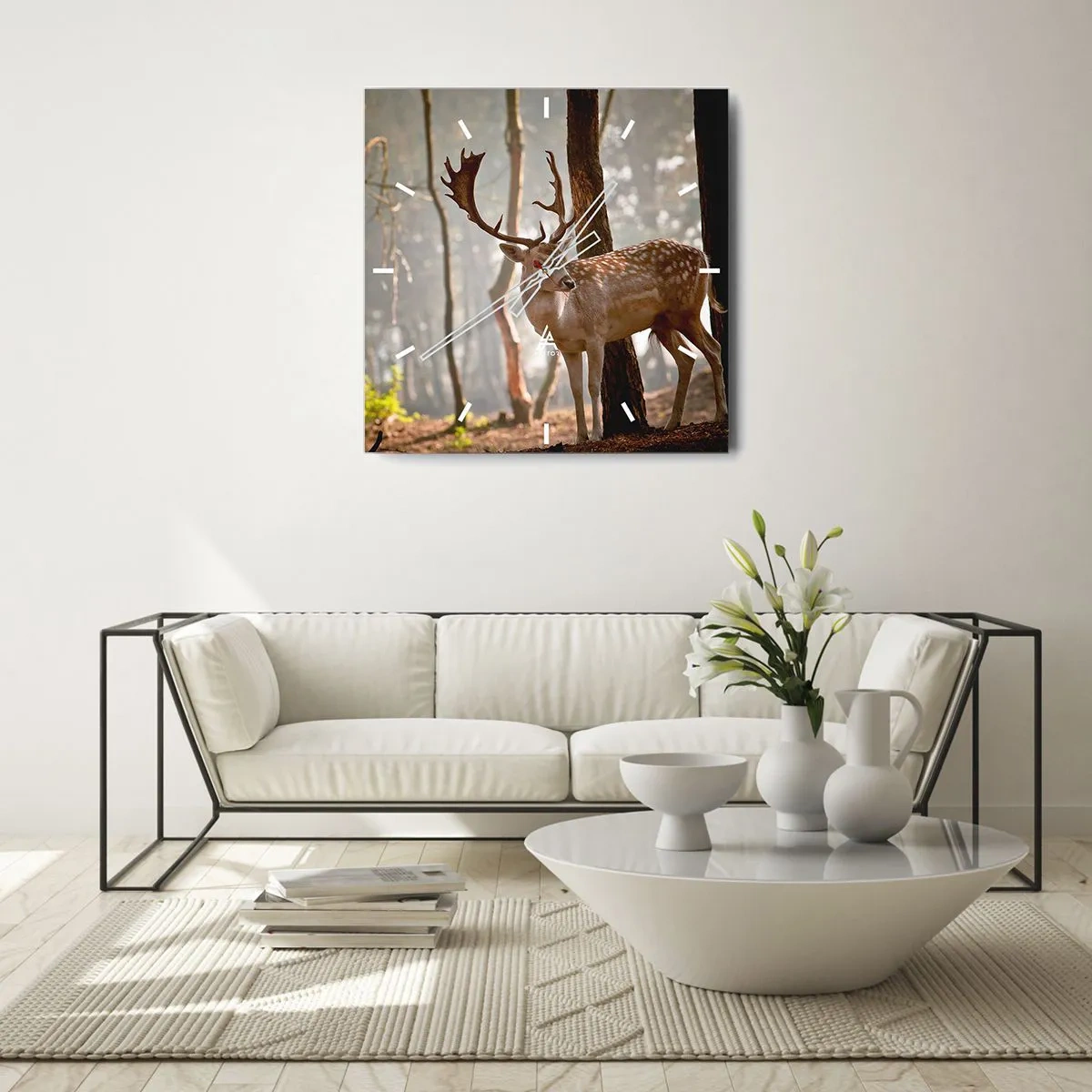 Orologio da parete - Orologio in Vetro - Cervi nella foresta nella nebbia mattutina - 30x30cm - La luce della giovinezza - Decorazione murale moderna per soggiorno e camera da letto ARTTOR