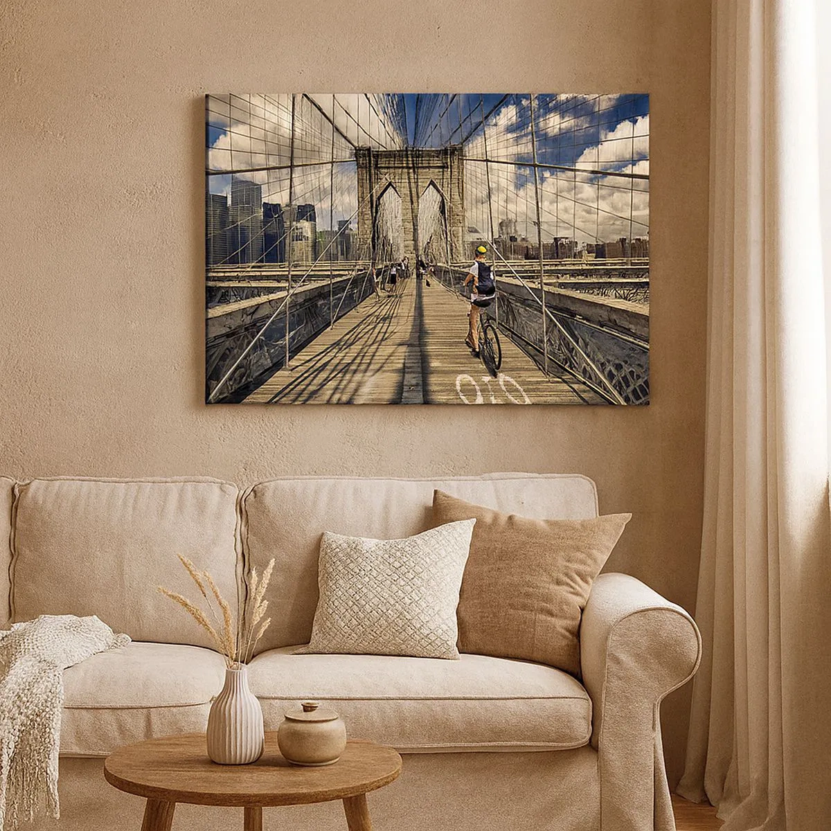 Quadro su tela - Stampe su Tela - Ponte di Brooklyn con vista su pedoni e ciclisti - 70x50cm - Dritto al cuore della città - Decorazione murale moderna per soggiorno e camera da letto ARTTOR