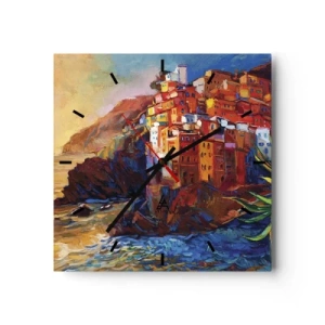 Orologio da parete - Orologio in Vetro - Case colorate su una scogliera a picco sul mare - 30x30cm - Atmosfera italiana - Decorazione murale moderna per soggiorno e camera da letto ARTTOR
