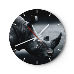 Orologio da parete - Orologio in Vetro - Ritratto di un rinoceronte in toni monocromatici su sfondo scuro - 30x30cm - Profilo destro - Decorazione murale moderna per soggiorno, cucina e camera da letto ARTTOR