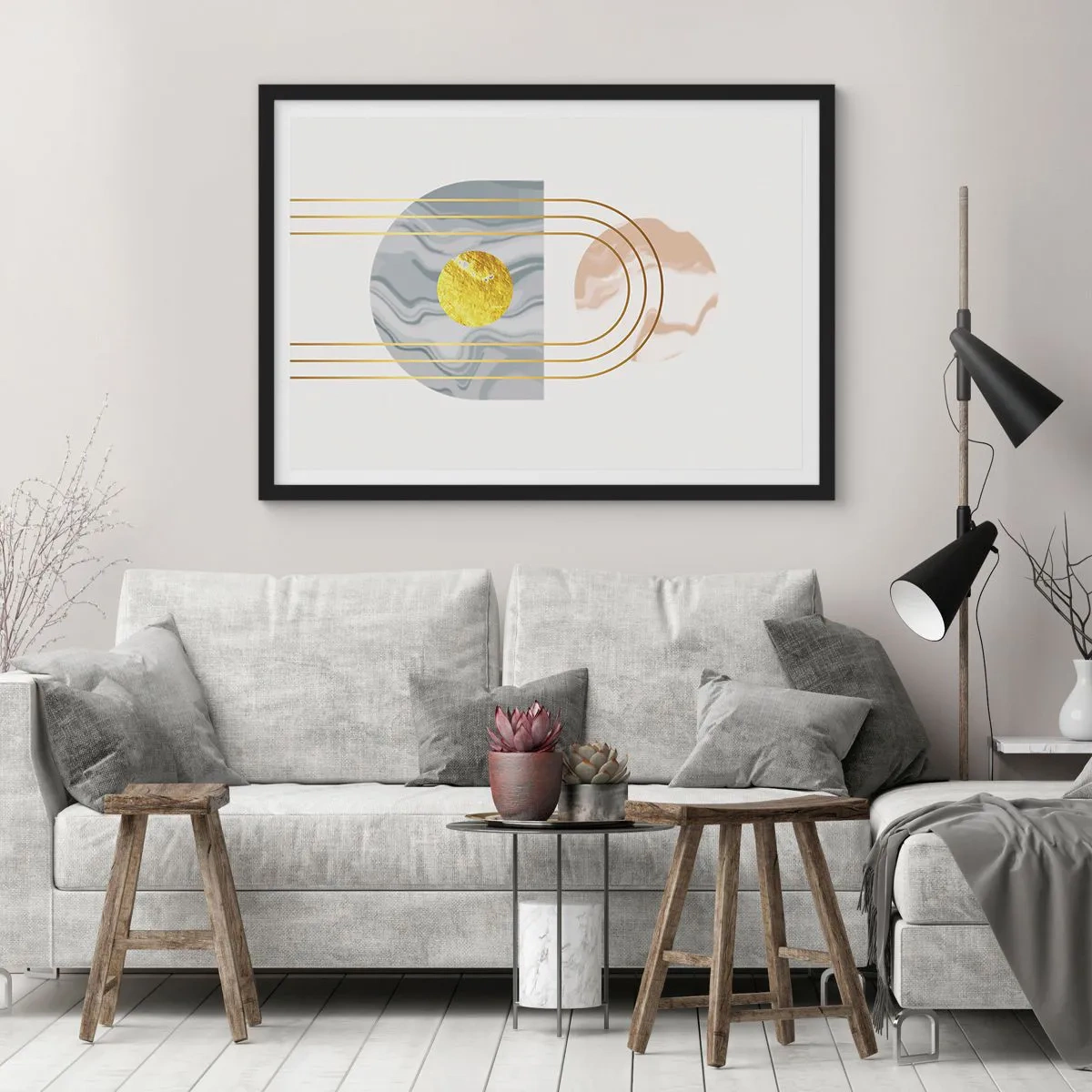 Poster in cornice nera - Composizione astratta con cerchi e linee dorate su uno sfondo chiaro. - 70x50cm - Chiarezza e lucentezza - Decorazione murale moderna per soggiorno e camera da letto ARTTOR