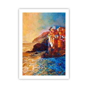 Poster - Edifici colorati che si affacciano sulla scogliera e sul mare al tramonto - 50x70cm - Atmosfera italiana - Decorazione murale moderna per soggiorno e camera da letto ARTTOR