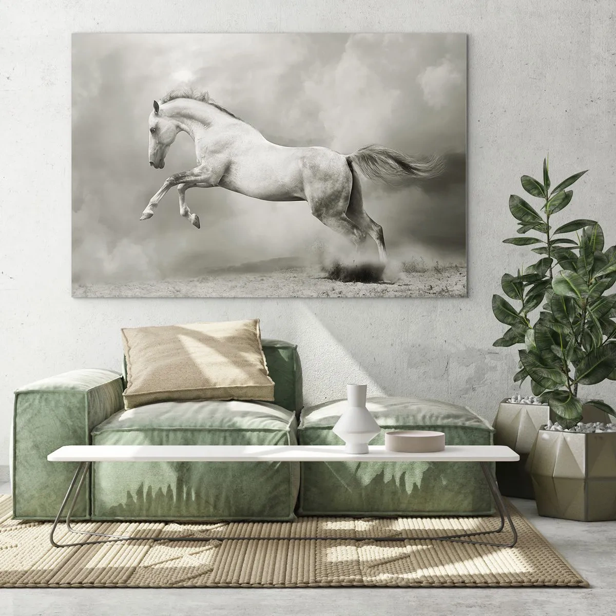 Quadro su vetro - Un cavallo bianco che salta contro le nuvole - 70x50cm - Tra la veglia e il sonno, - Decorazione murale moderna per soggiorno e camera da letto ARTTOR