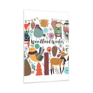 Quadro su vetro - Animali della foresta invernale in grafica colorata - 80x120cm - Le feste incantate nel bosco - Decorazione murale moderna per soggiorno e camera da letto ARTTOR