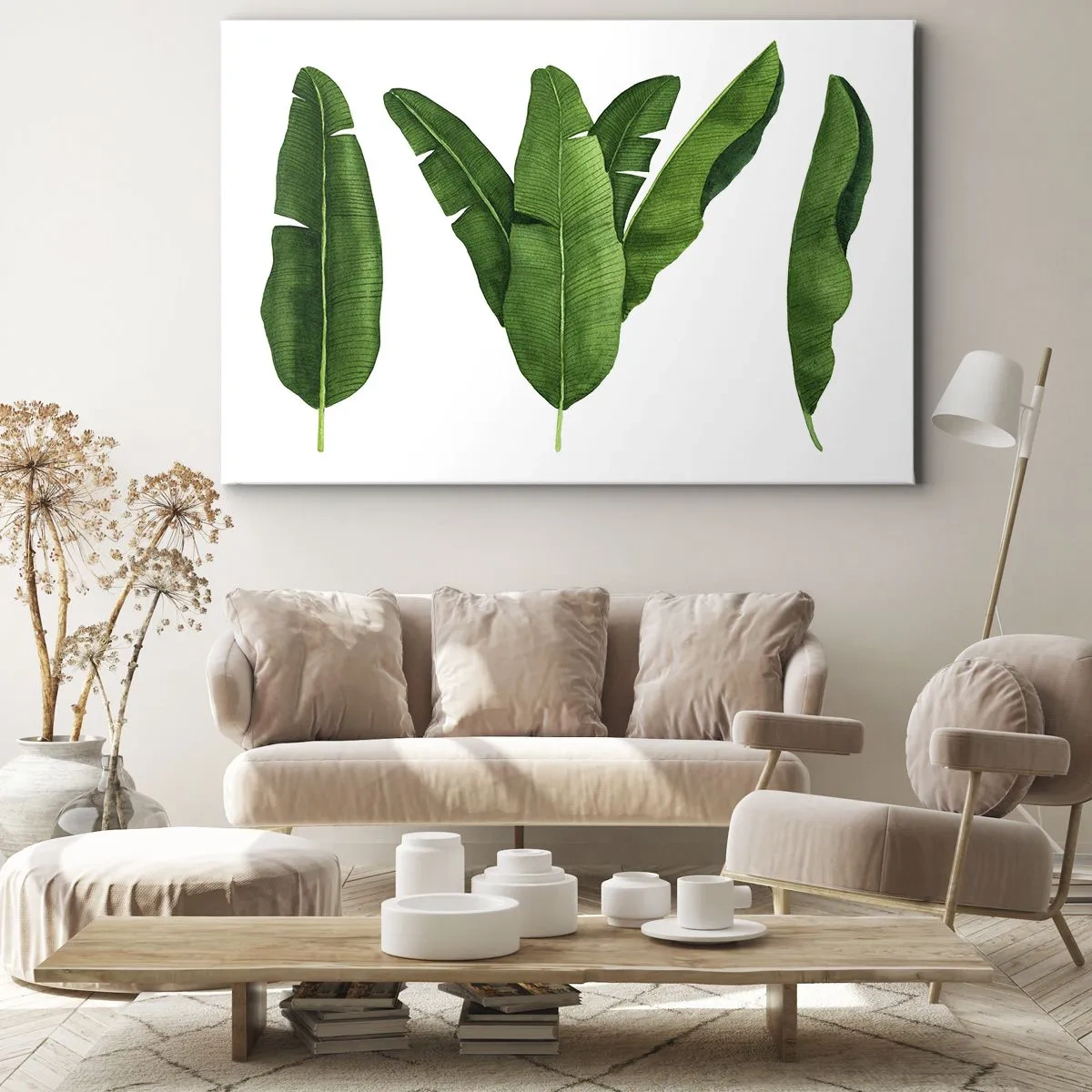 Quadro su tela - Stampe su Tela - Tre foglie di banano in un approccio artistico - 70x50cm - Simmetria verde - Decorazione murale moderna per soggiorno e camera da letto ARTTOR
