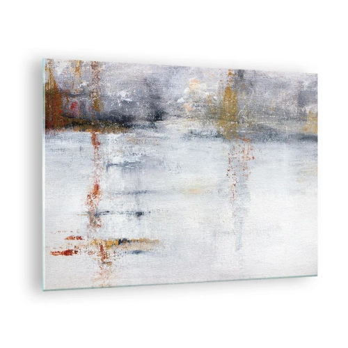 Quadro su vetro - Un dipinto astratto caratterizzato da una delicata combinazione di grigio, bianco e oro. - 70x50cm - Dietro la cortina d'aria - Decorazione murale moderna per soggiorno e camera da letto ARTTOR
