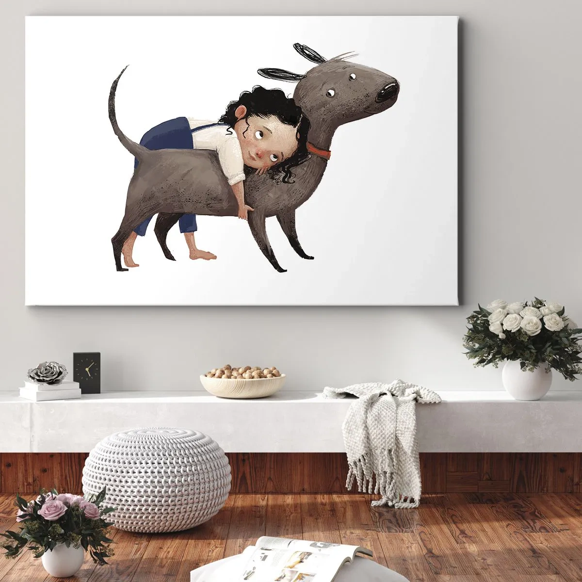 Quadro su tela - Stampe su Tela - Illustrazione in stile cartone animato di un bambino che abbraccia un cane - 70x50cm - I migliori amici - Decorazione murale moderna per soggiorno e camera da letto ARTTOR