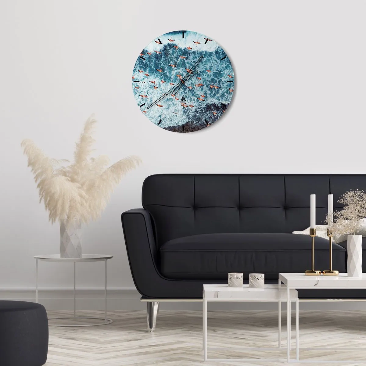 Orologio da parete - Orologio in Vetro - Uno stormo di fenicotteri sulle onde del mare visto da una prospettiva a volo d'uccello - 30x30cm - Parata sotto il mare - Decorazione murale moderna per soggiorno, cucina e camera da letto ARTTOR