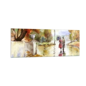 Quadro su vetro - Una passeggiata nel parco autunnale con l'ombrello - 140x50cm - Autunno romantico nel parco - Decorazione murale moderna per soggiorno e camera da letto ARTTOR