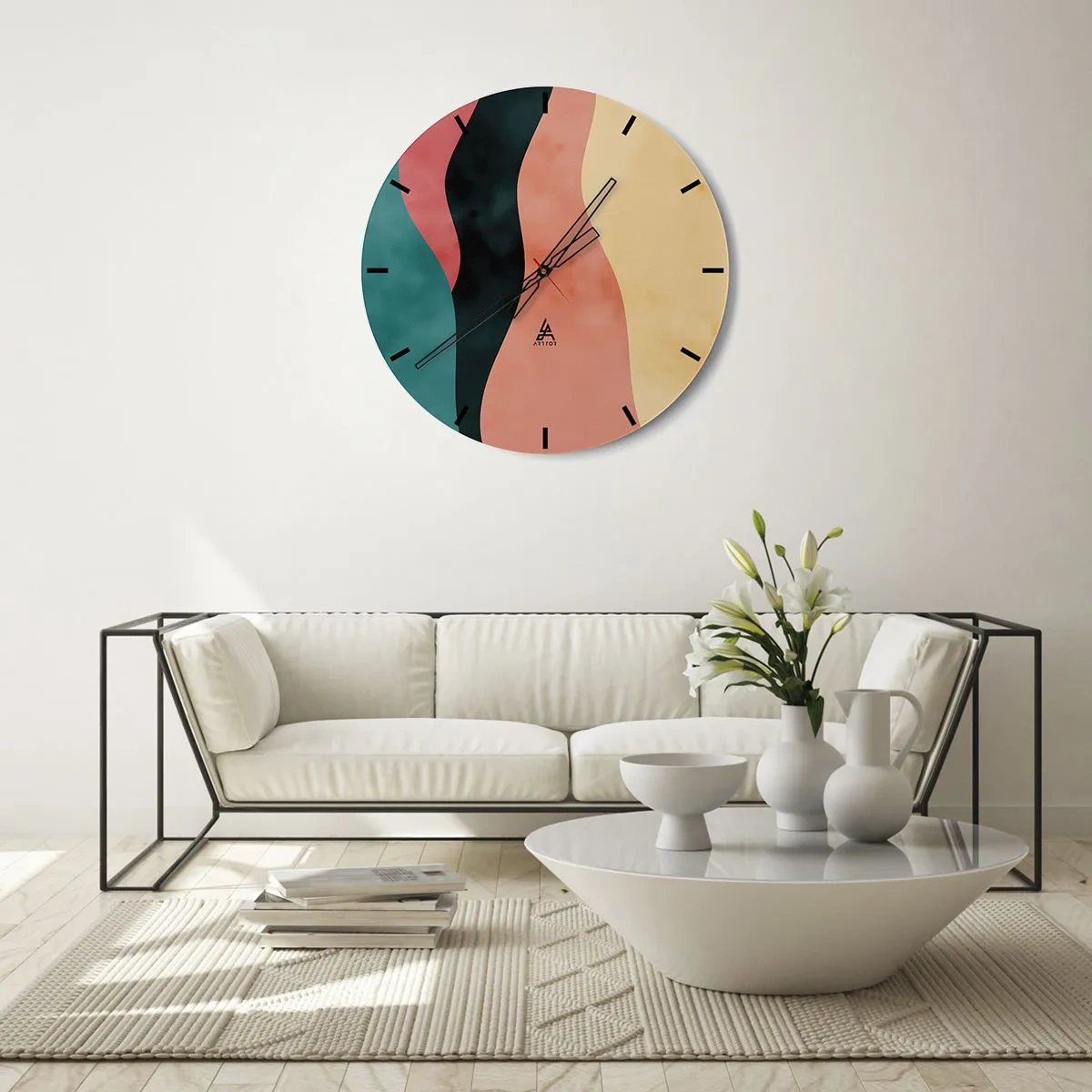 Orologio da parete - Orologio in Vetro - Strisce ondulate colorate nelle tonalità del turchese, nero, rosa e giallo - 30x30cm - Difformità conforme - Decorazione murale moderna per soggiorno, cucina e camera da letto ARTTOR