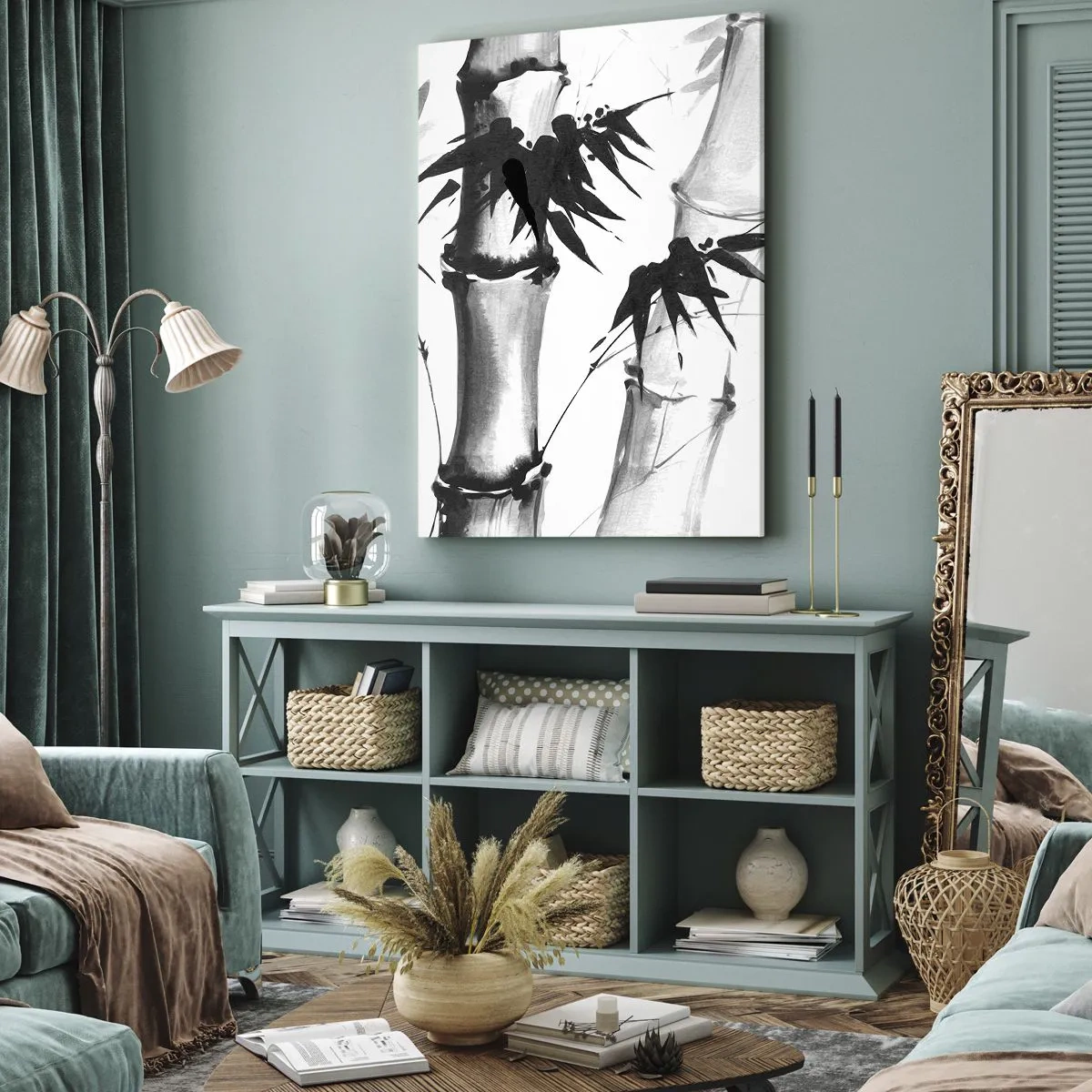 Quadro su tela - Stampe su Tela - Bambù acquerello in stile giapponese su sfondo bianco - 50x70cm - Particolare d'oriente - Decorazione murale moderna per soggiorno e camera da letto ARTTOR