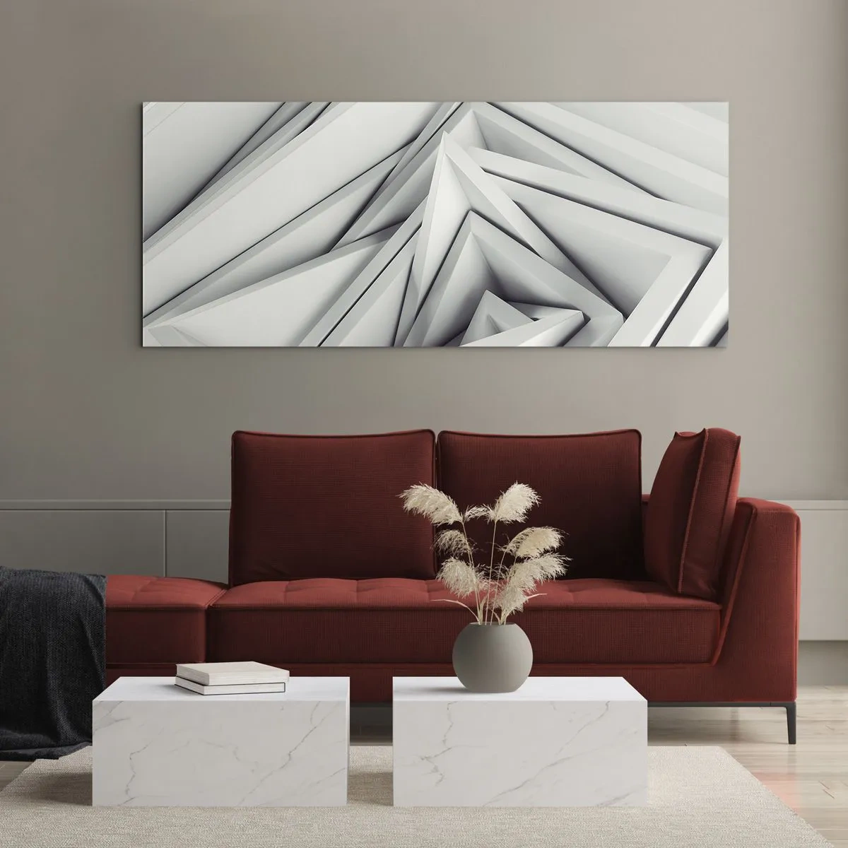 Quadro su vetro - Una composizione astratta di forme geometriche nelle tonalità del grigio. - 120x50cm - Germogli spigolosi - Decorazione murale moderna per soggiorno e camera da letto ARTTOR