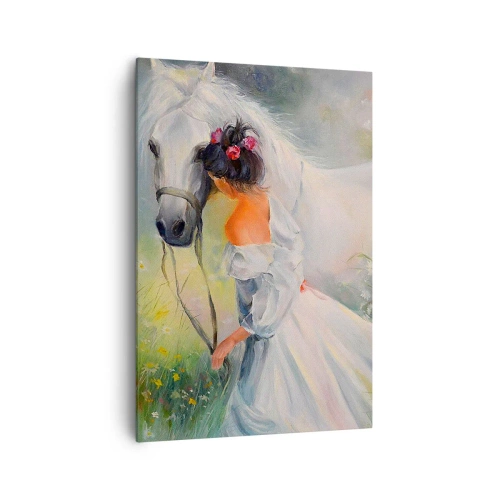 Quadro su tela - Stampe su Tela - Una donna con un cavallo bianco in un ambiente pittoresco - 70x100cm - Come in un bel sogno - Decorazione murale moderna per soggiorno e camera da letto ARTTOR