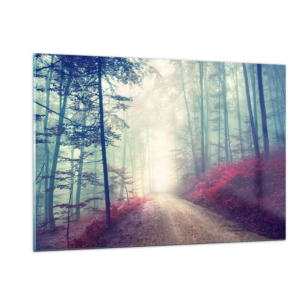 Quadro su vetro - Strada forestale nella nebbia con accenti rossi - 120x80cm - Come è bello alzarsi all'alba - Decorazione murale moderna per soggiorno e camera da letto ARTTOR